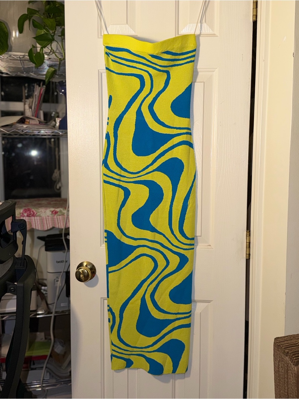 Hera Collection Yellow Blue Abstract Swirl Strapless Knit Maxi Dress Size S